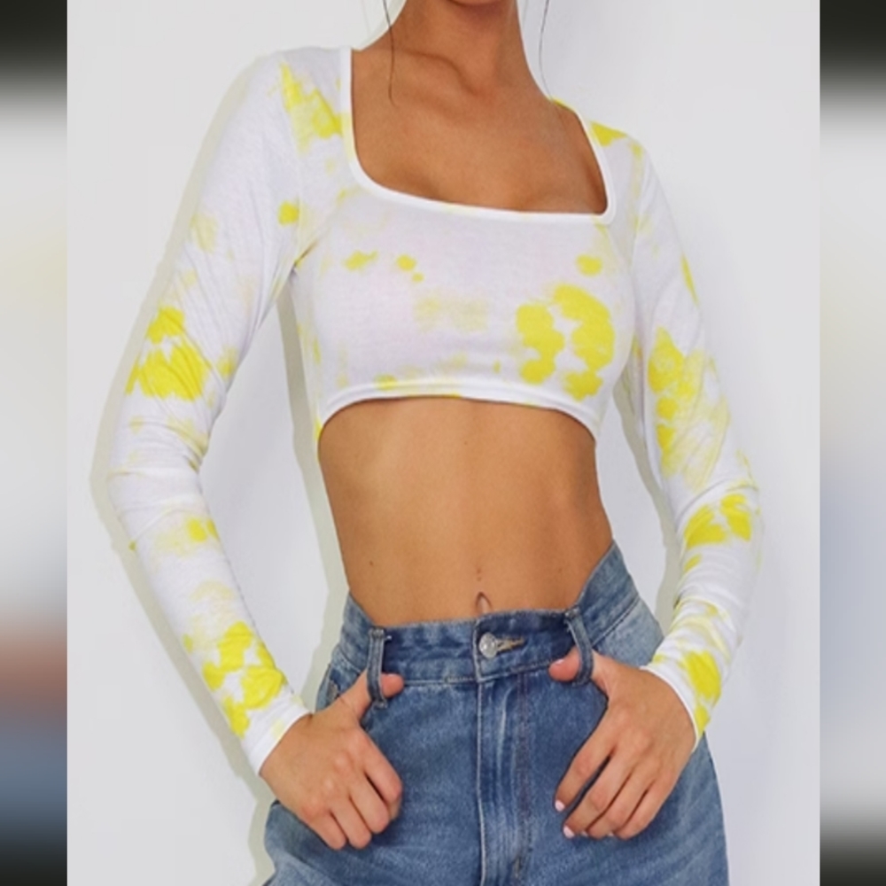 Yellow Longsleeve Tie Dye Crop top size 10 or M